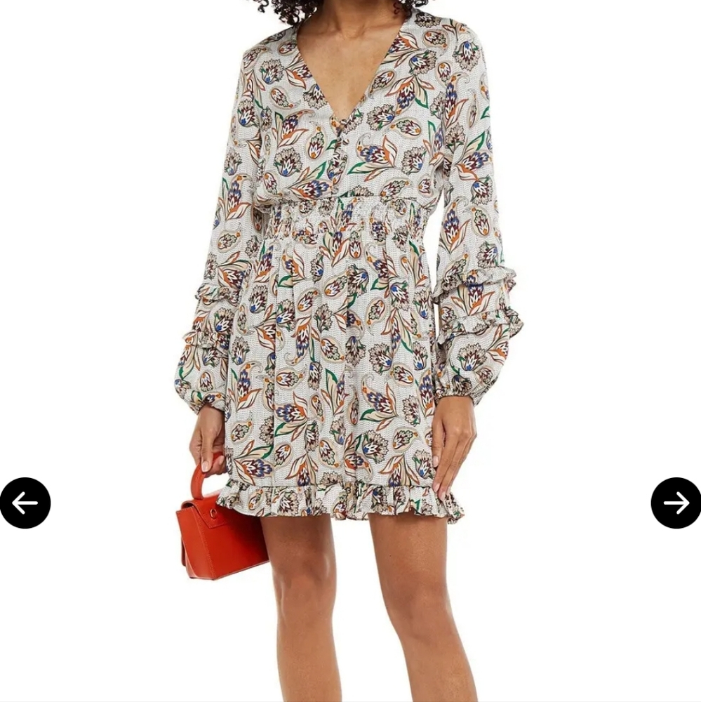 Maje Ruffle Trimmed Shirred Paisley Printed Cady Mini Dress